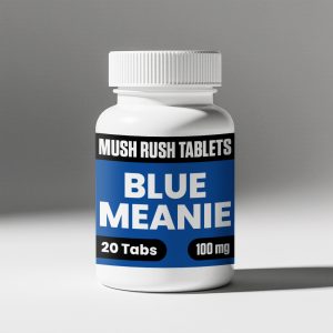 Blue Meanie psilocybin tablets by Mush Rush – 100mg and 500mg precision-dosed options, made from 100% fruiting body